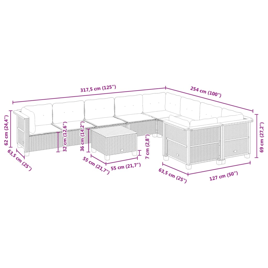 Set Divano da Giardino 10 pz con Cuscini Grigio in Polyrattan 3262008