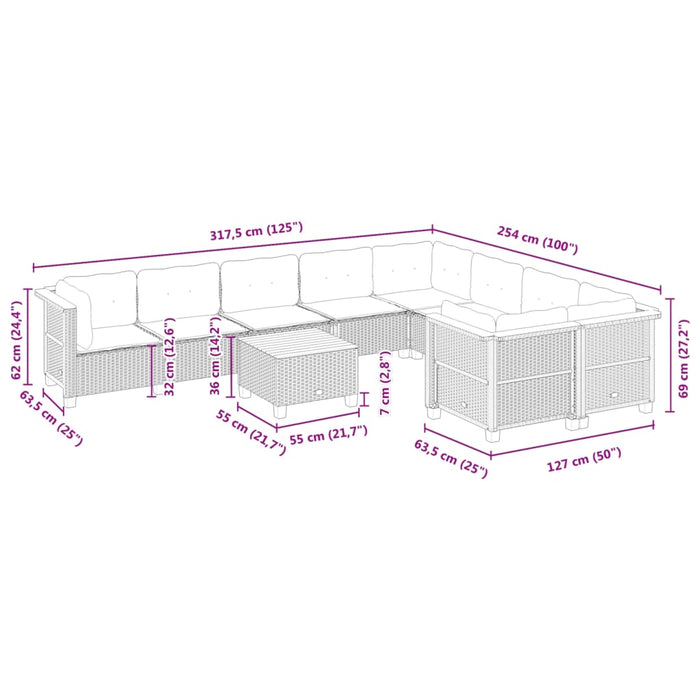 Set Divano da Giardino 10 pz con Cuscini Grigio in Polyrattan 3262008