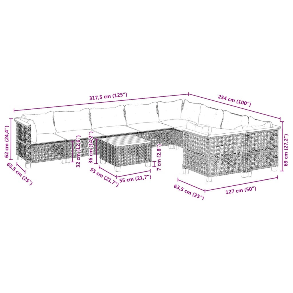 Set Divani da Giardino 10pz con Cuscini in Polyrattan Nero 3262010