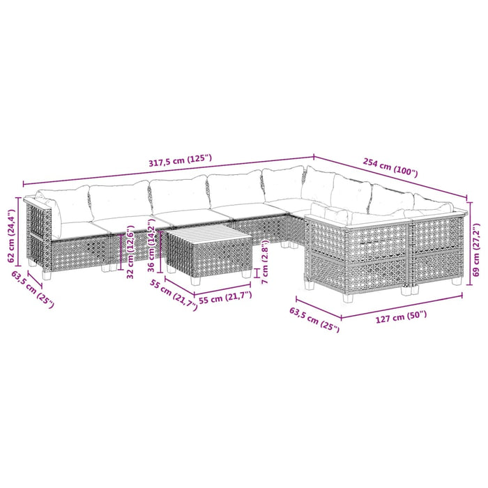 Set Divani da Giardino 10pz con Cuscini in Polyrattan Nero 3262010