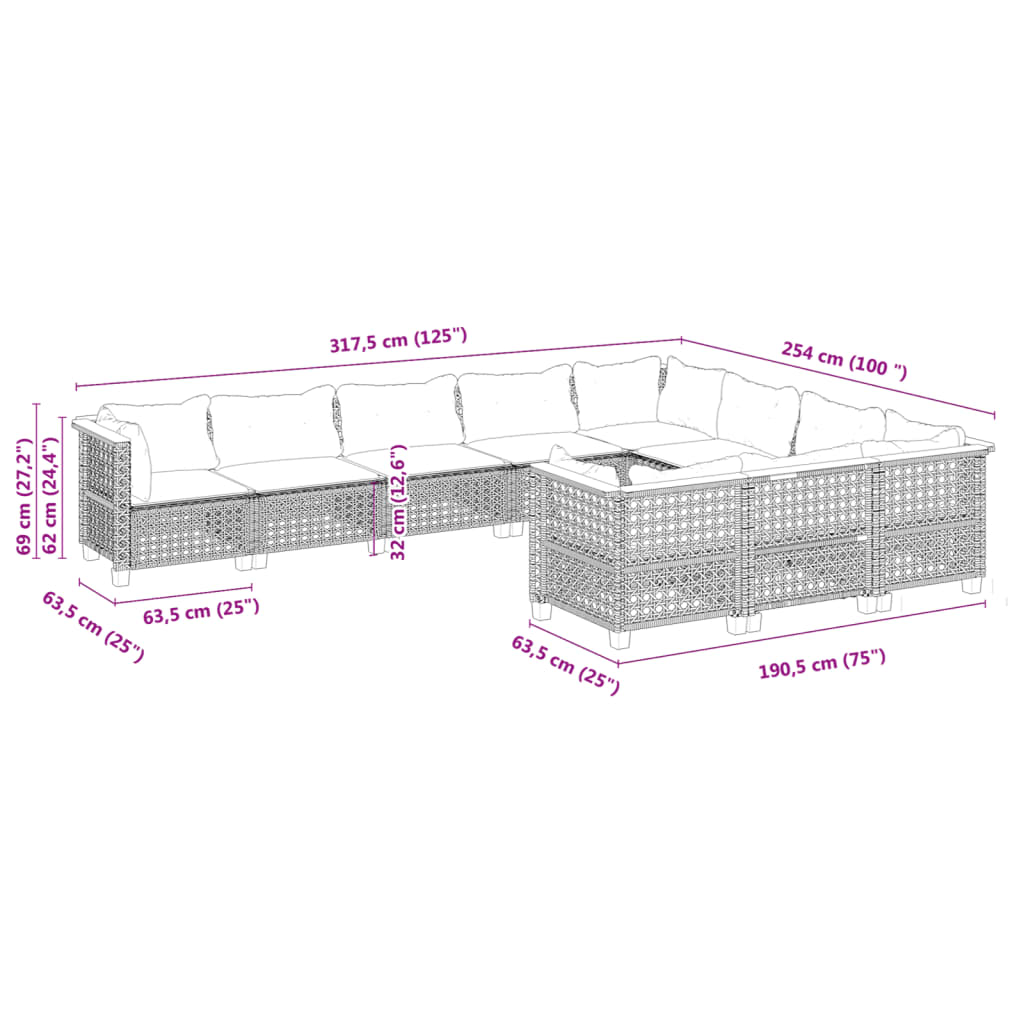 Set Divano da Giardino 10 pz con Cuscini Grigio in Polyrattan 3262035