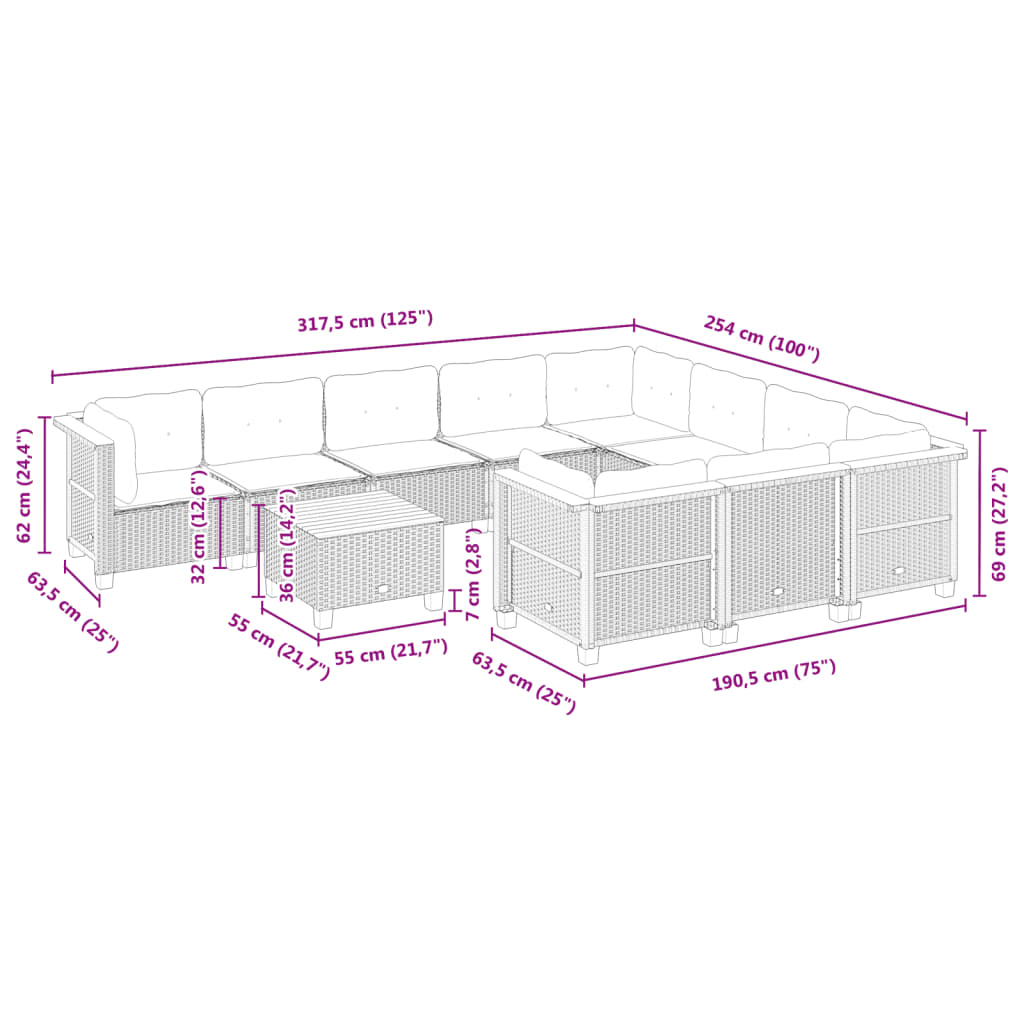 Set Divani da Giardino 11 pz con Cuscini in Polyrattan Nero 3262037