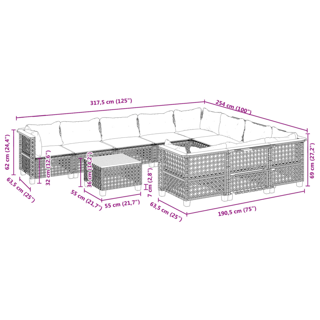 Set Divani da Giardino 11 pz con Cuscini in Polyrattan Grigio 3262041