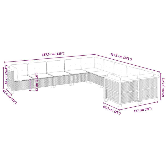 Set Divano da Giardino 10 pz con Cuscini Grigio in Polyrattan 3262044