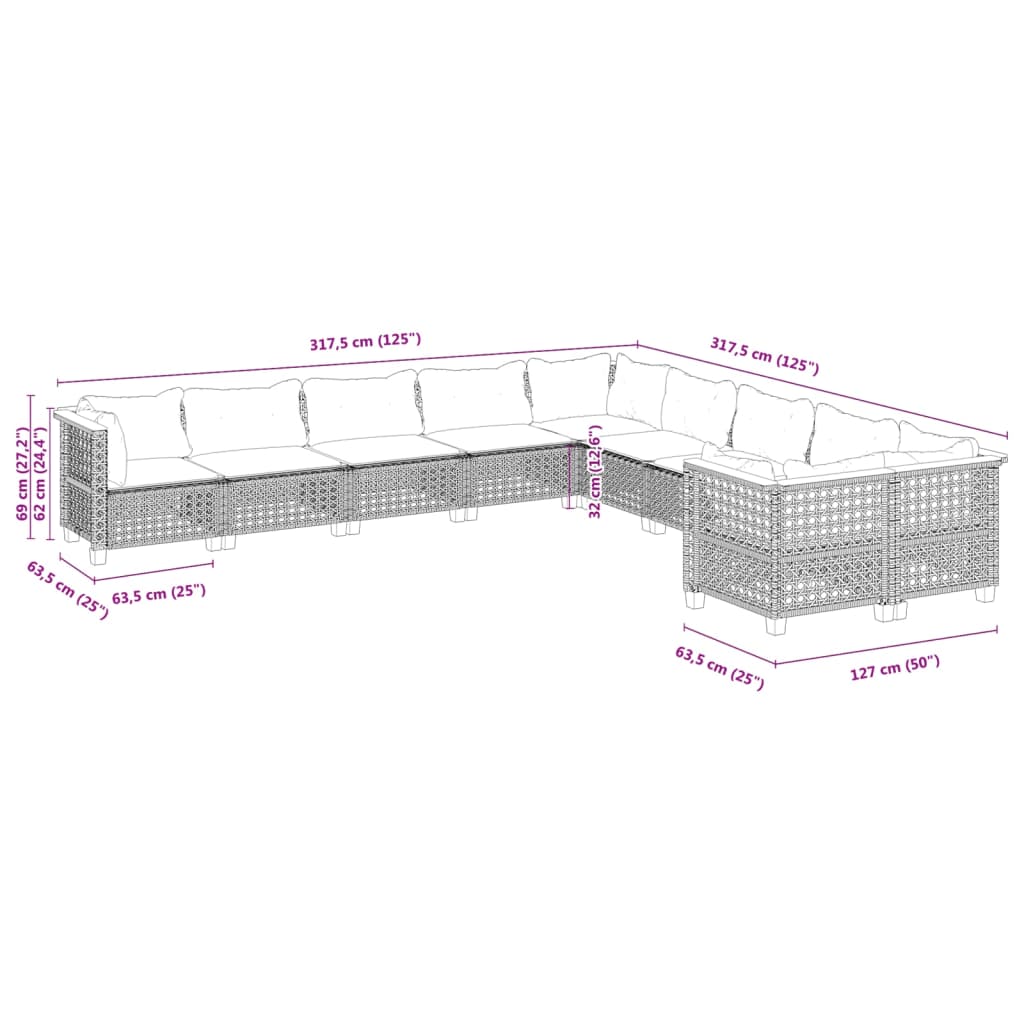 Set Divano da Giardino 10 pz con Cuscini Grigio in Polyrattan 3262047