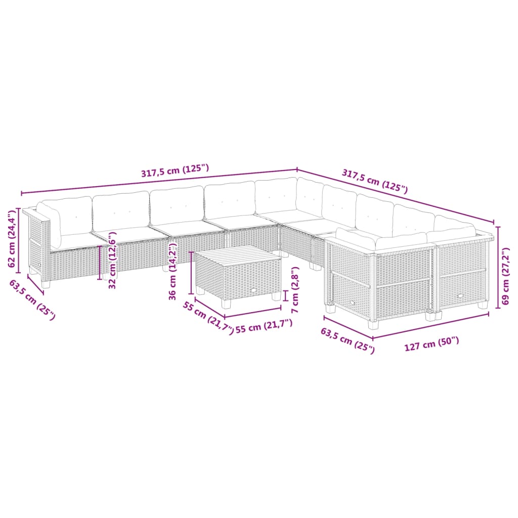 Set Divani da Giardino 11 pz con Cuscini in Polyrattan Nero 3262049