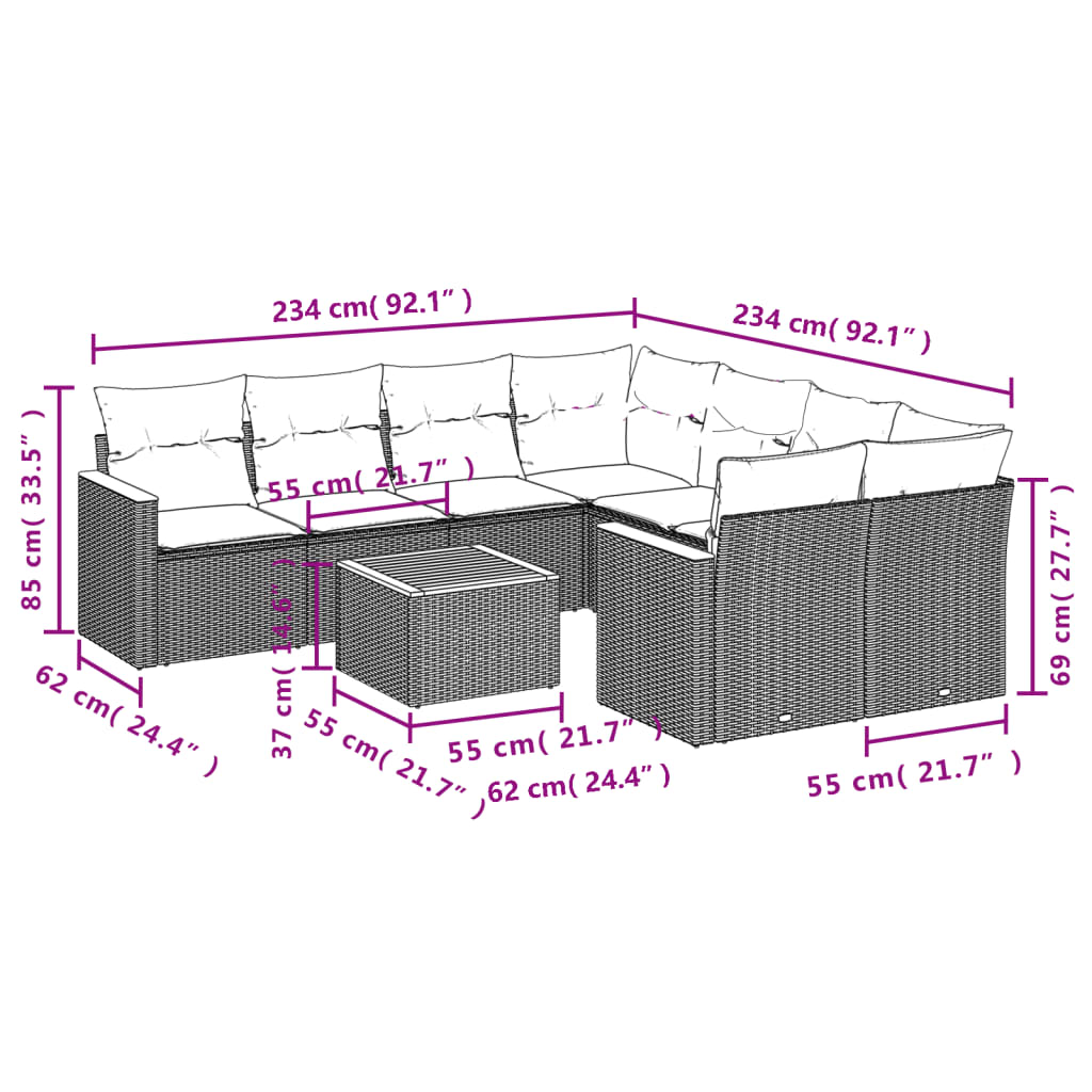 Set Divani da Giardino 9 pz con Cuscini Nero in Polyrattan 3258226