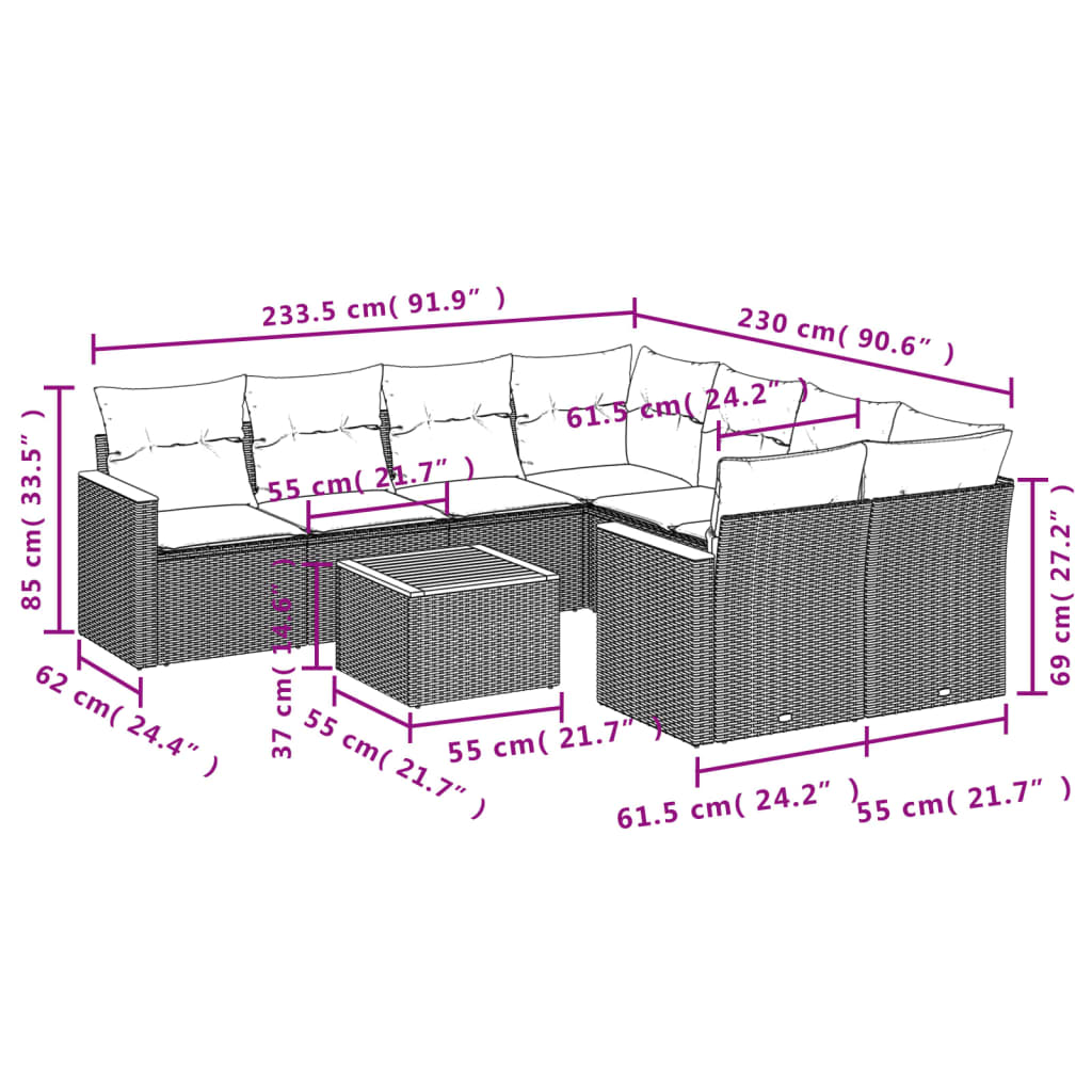 Set Divano da Giardino 9 pz con Cuscini Grigio in Polyrattan 3258231