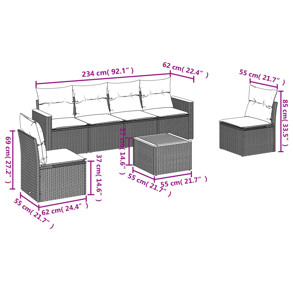 Set Divani da Giardino 7 pz con Cuscini Beige in Polyrattan 3258272