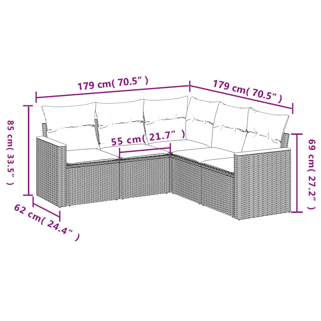 Set Divano da Giardino 5 pz con Cuscini Grigio in Polyrattan 3258364