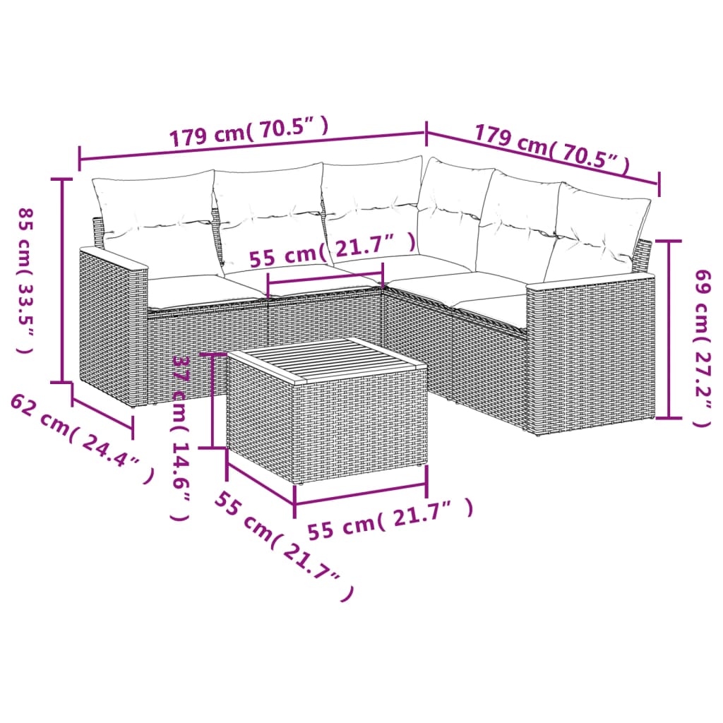 Set Divano da Giardino 6 pz con Cuscini Beige in Polyrattancod mxl 112322