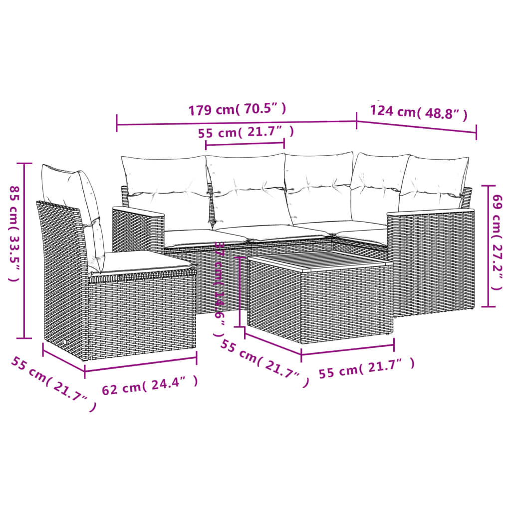 Set Divano da Giardino 6 pz con Cuscini Nero in Polyrattan 3258380