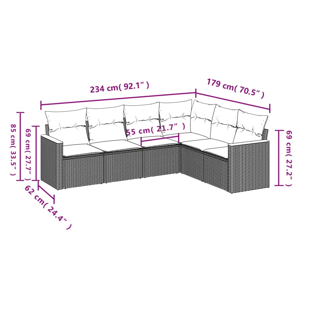 Set Divano da Giardino 6 pz con Cuscini Nero in Polyrattan 3258401