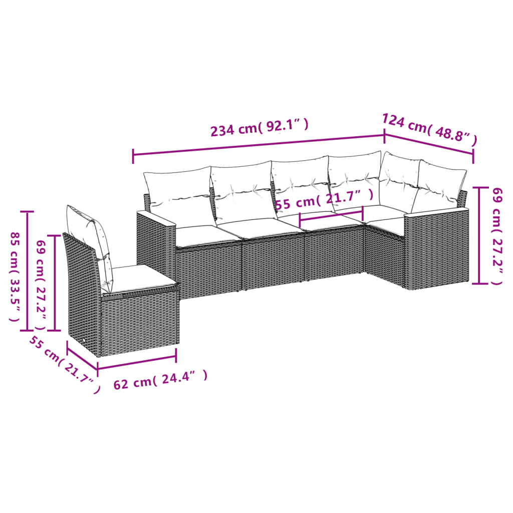 Set Divano da Giardino 6 pz con Cuscini Grigio in Polyrattan 3258420