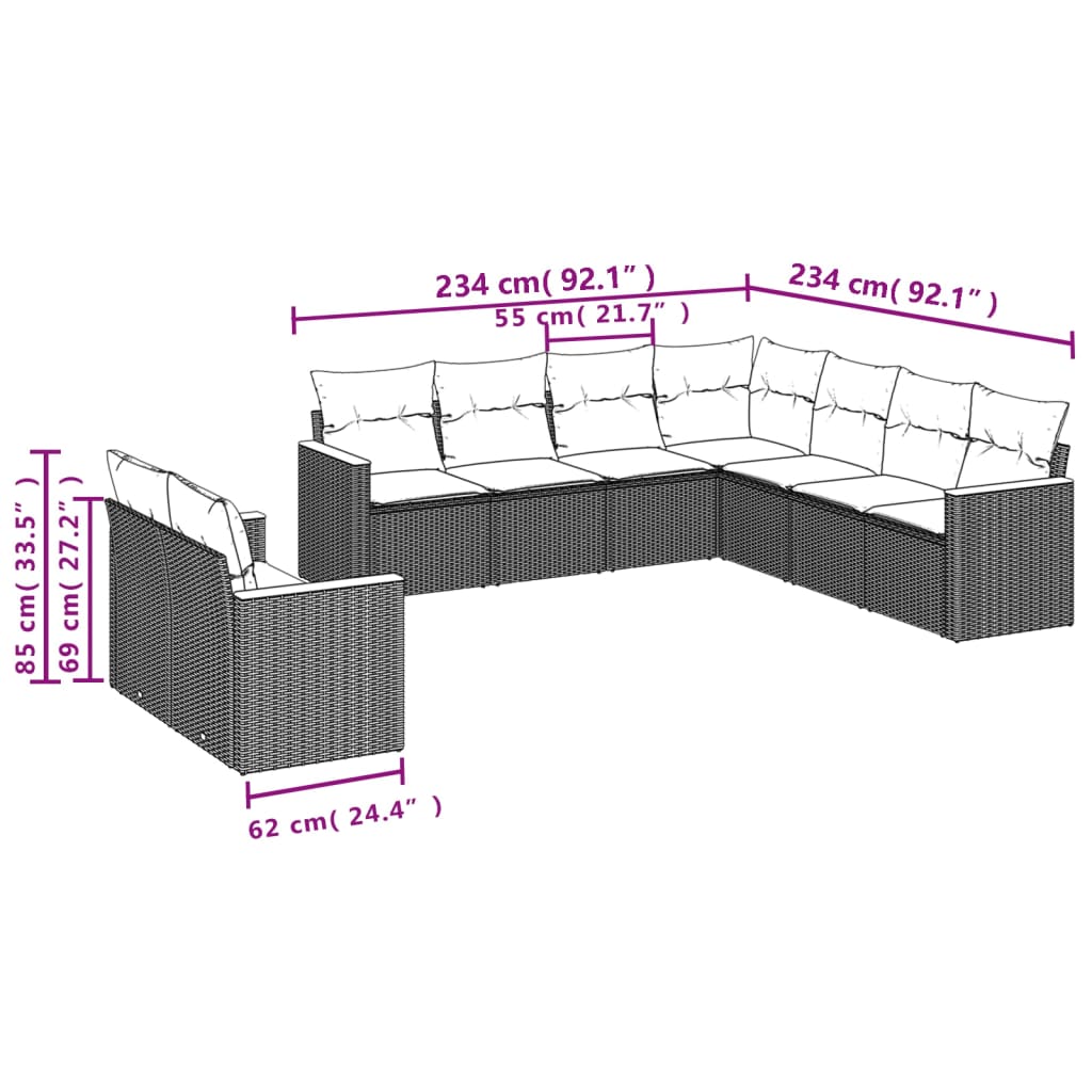 Set Divani da Giardino 9 pz con Cuscini Nero in Polyrattan 3258500