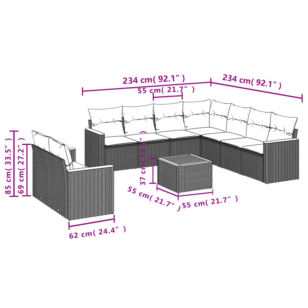 Set Divano da Giardino 10 pz con Cuscini Beige in Polyrattan 3258510