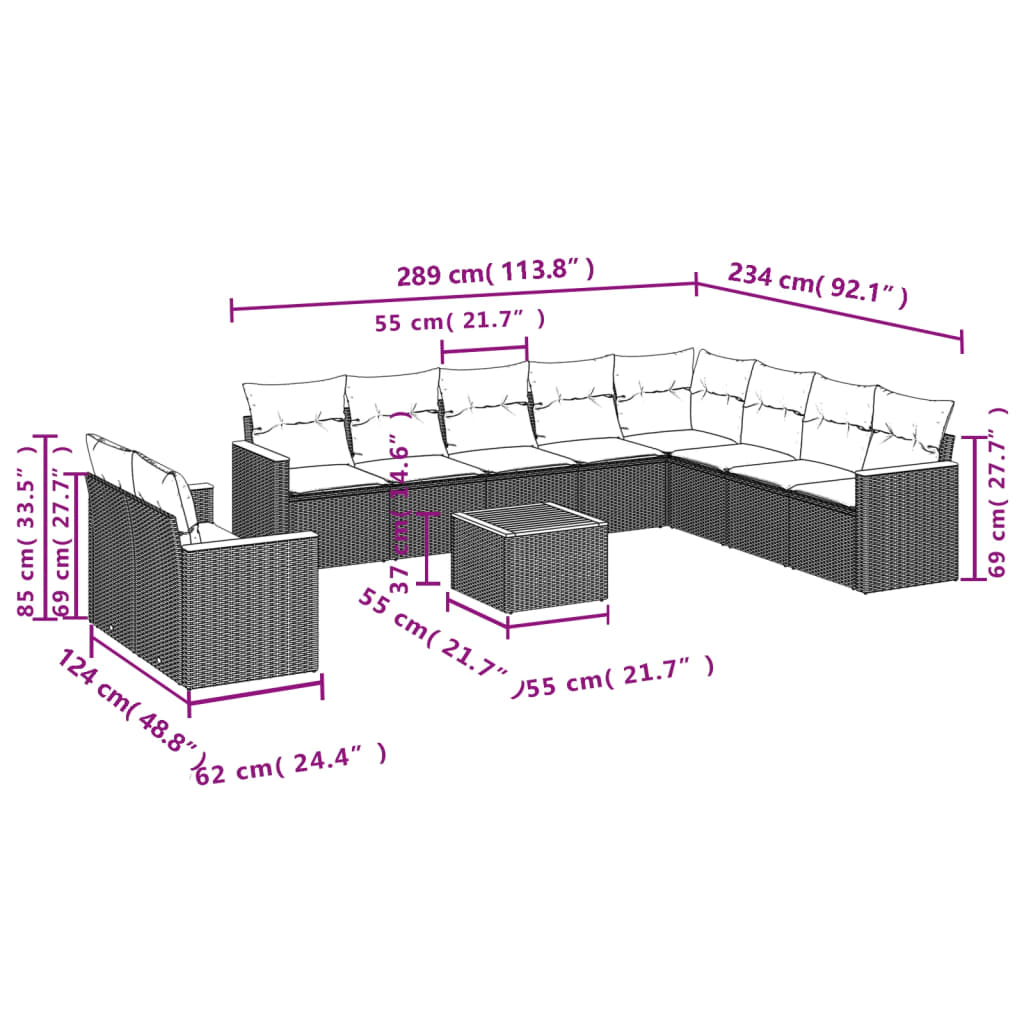 Set Divani da Giardino 11 pz con Cuscini in Polyrattan Nero 3258520