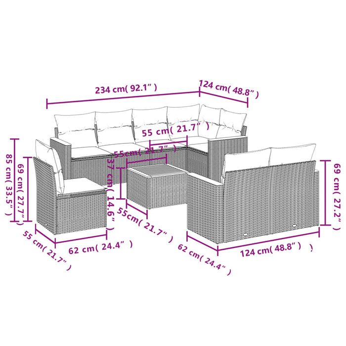 Set Divano da Giardino 9 pz con Cuscini Grigio in Polyrattan 3258574