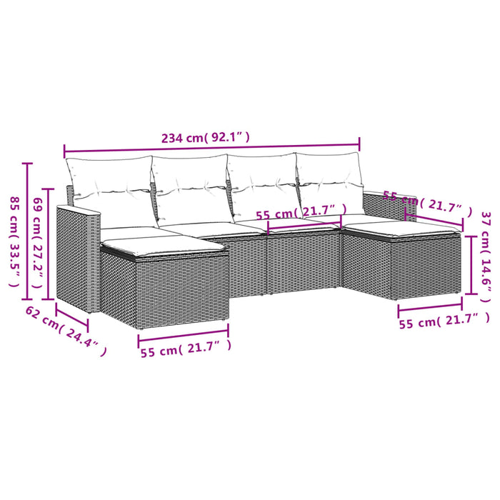 Set Divano da Giardino 6 pz con Cuscini Nero in Polyrattan 3258619