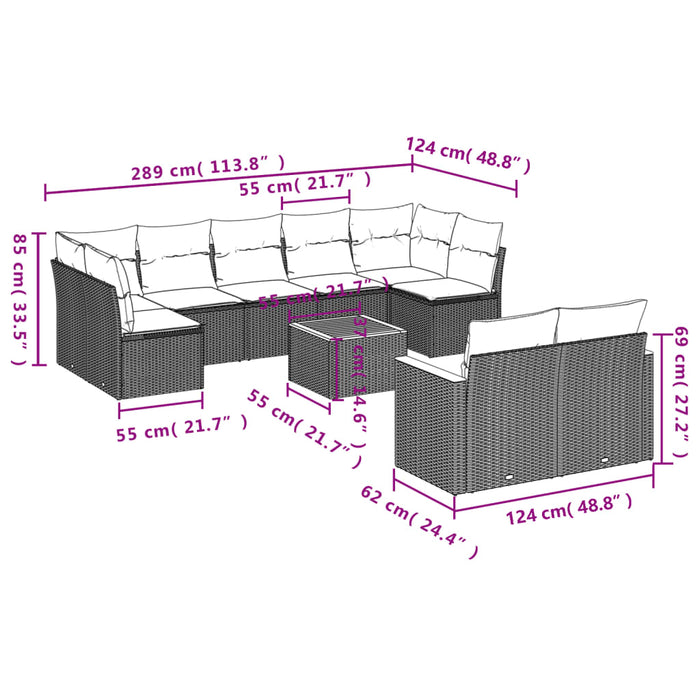 Set Divano da Giardino 10 pz con Cuscini Grigio in Polyrattan 3258700