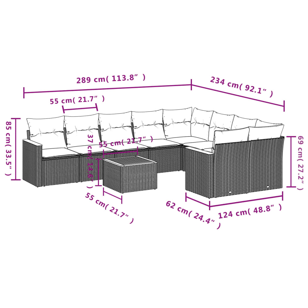 Set Divano da Giardino 10 pz con Cuscini Grigio in Polyrattan 3258714