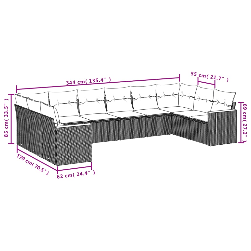 Set Divani da Giardino 10pz con Cuscini in Polyrattan Nerocod mxl 112561