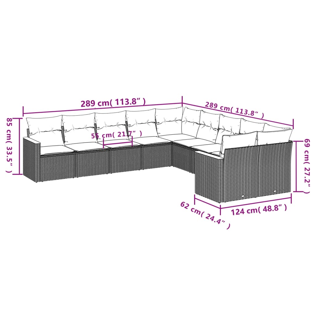 Set Divani da Giardino 10pz con Cuscini in Polyrattan Nero 3258751