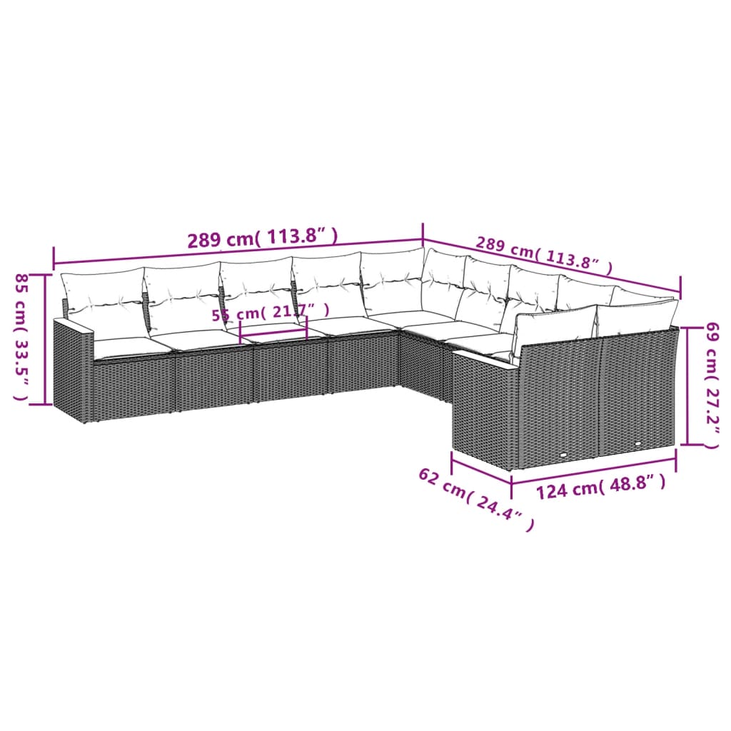 Set Divani da Giardino 10pz con Cuscini in Polyrattan Nero 3258752