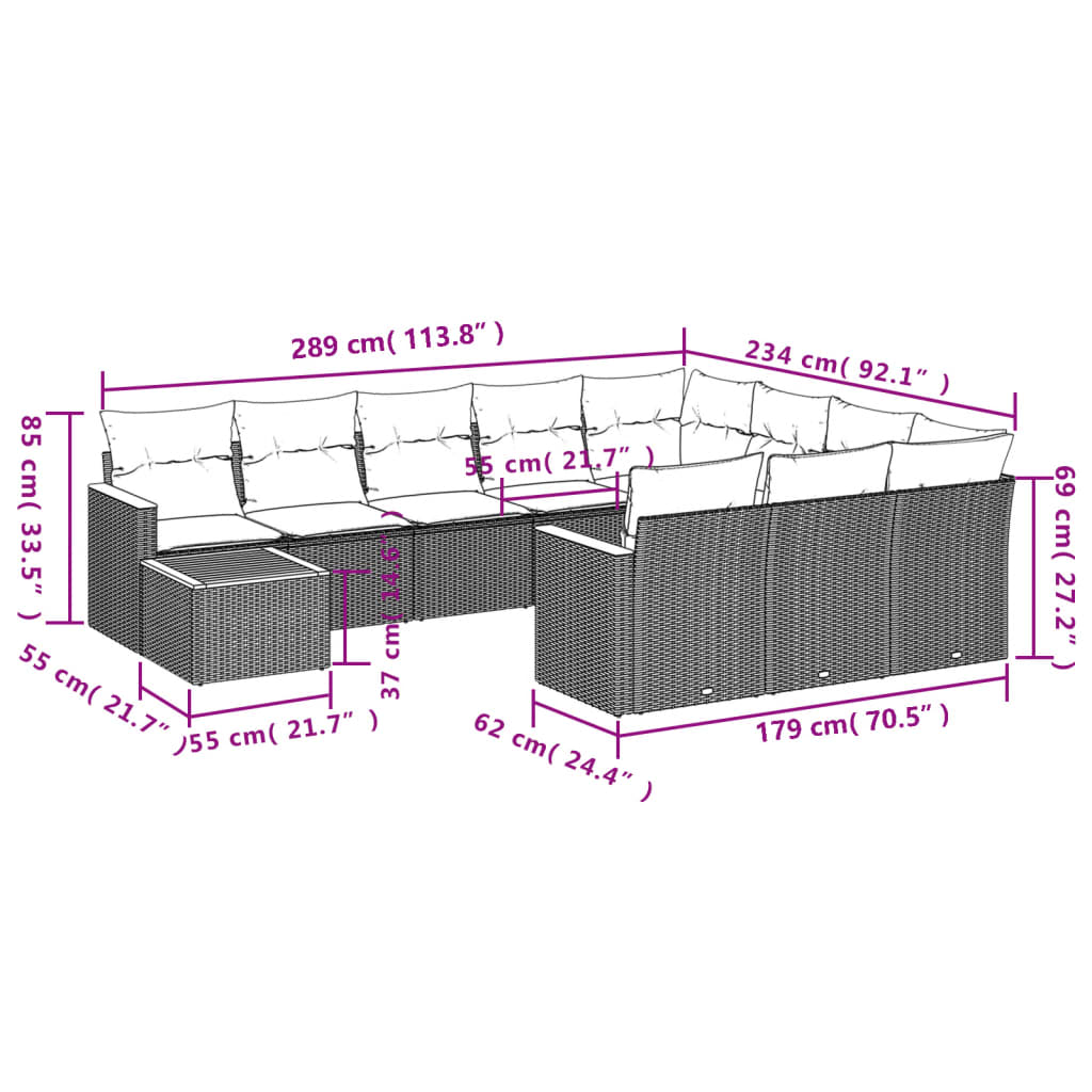 Set Divani da Giardino 11 pz con Cuscini in Polyrattan Grigio 3258770