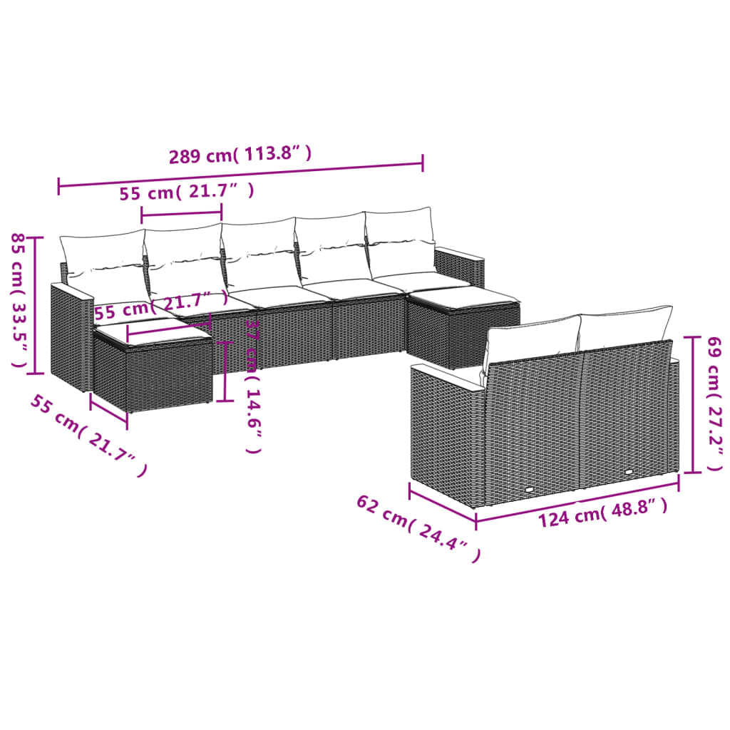 Set Divani da Giardino 9 pz con Cuscini Nero in Polyrattan 3258800