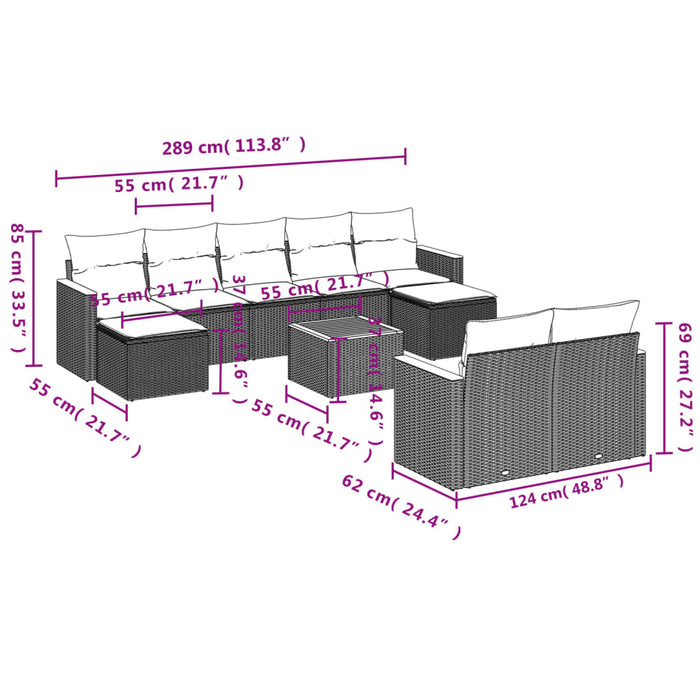 Set Divano da Giardino 10 pz con Cuscini Grigio in Polyrattan 3258812