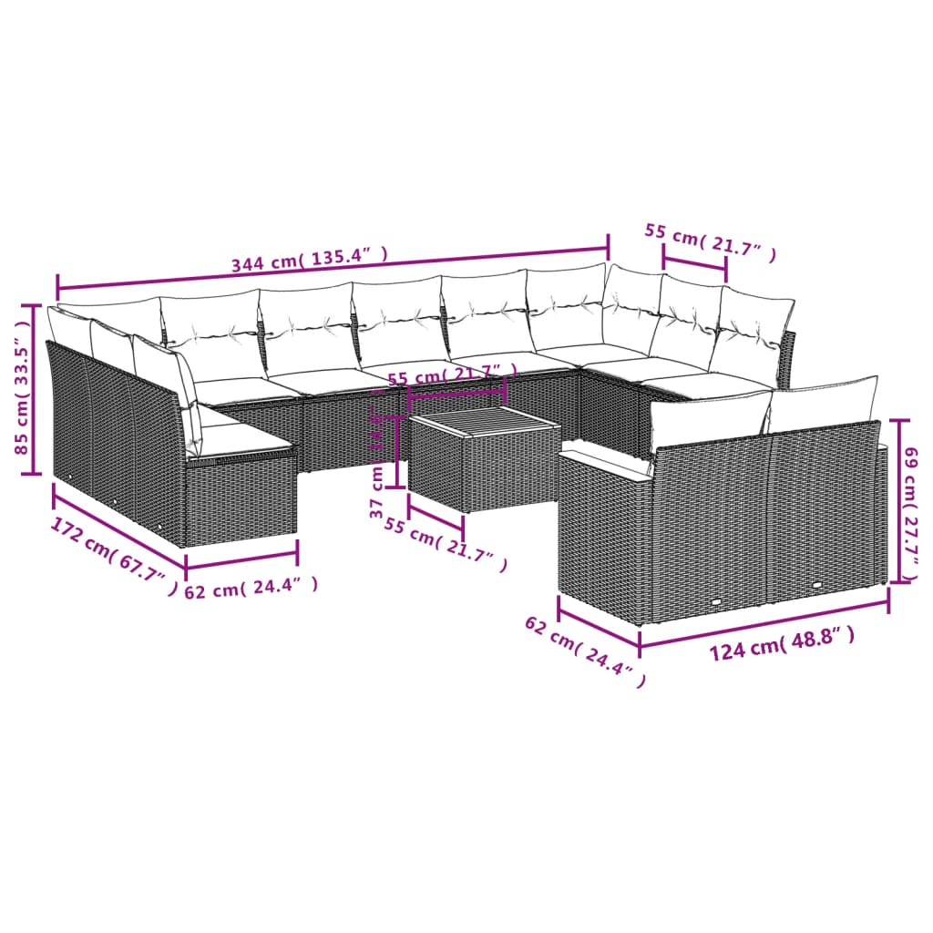 Set Divani da Giardino 13pz con Cuscini Nero in Polyrattan 3258850