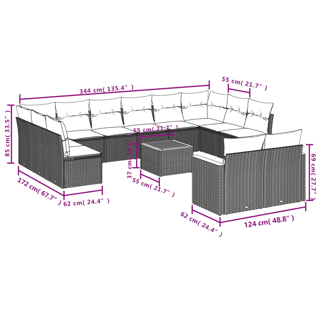 Set Divano da Giardino 13 pz con Cuscini Beige in Polyrattan 3258853