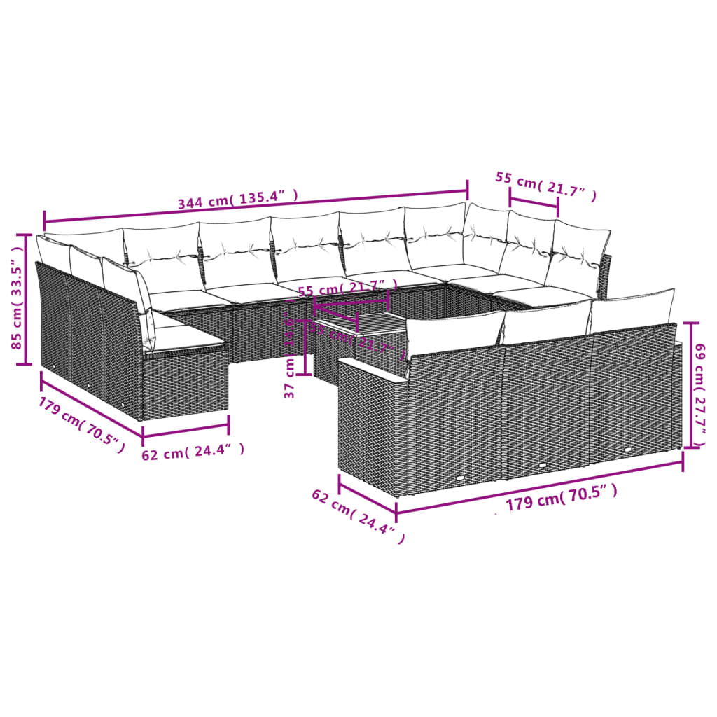 Set Divani da Giardino 14pz con Cuscini in Polyrattan Grigiocod mxl 88454