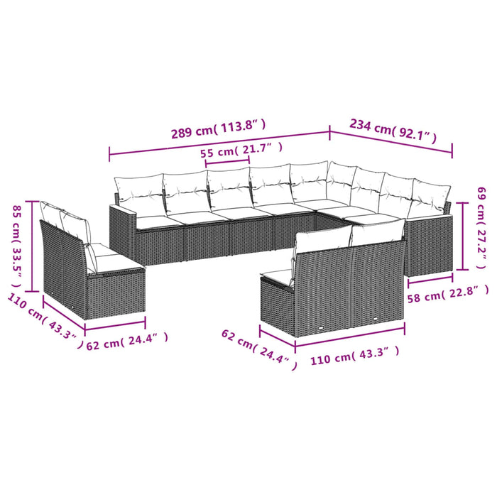 Set Divani da Giardino 12 pz con Cuscini Beige in Polyrattan 3258874