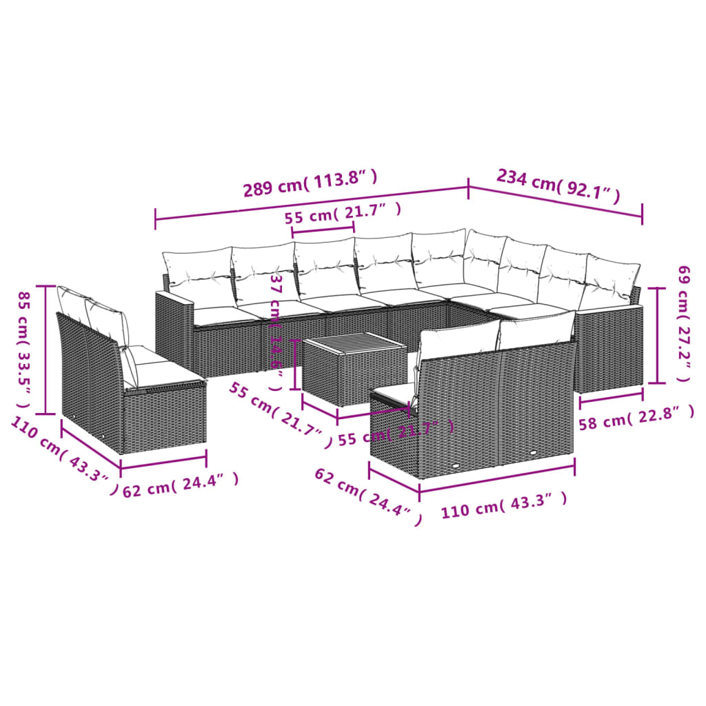 Set Divani da Giardino 13pz con Cuscini Nero in Polyrattancod mxl 88457