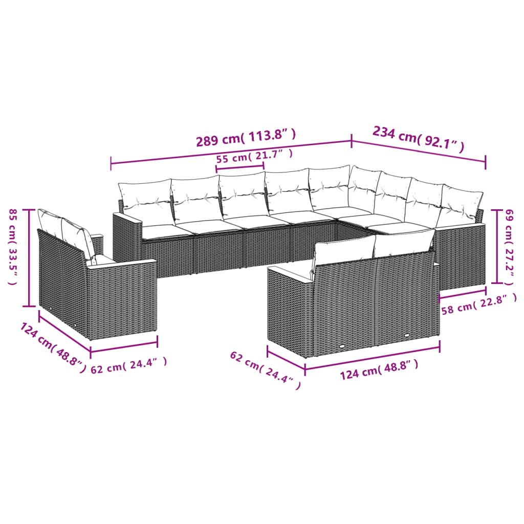 Set Divani da Giardino 12 pz con Cuscini Nero in Polyrattancod mxl 88501