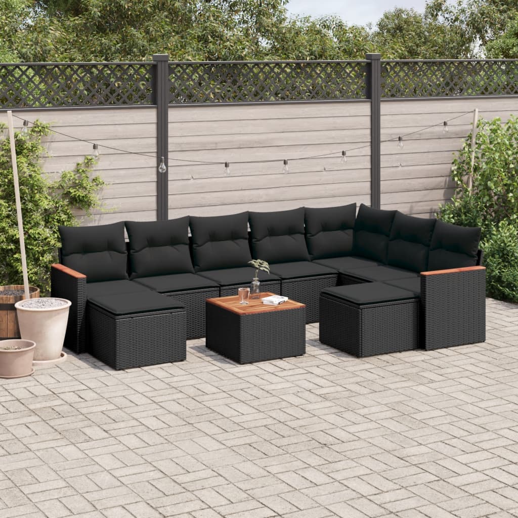 Set Divani da Giardino 10pz con Cuscini in Polyrattan Nero 3258947