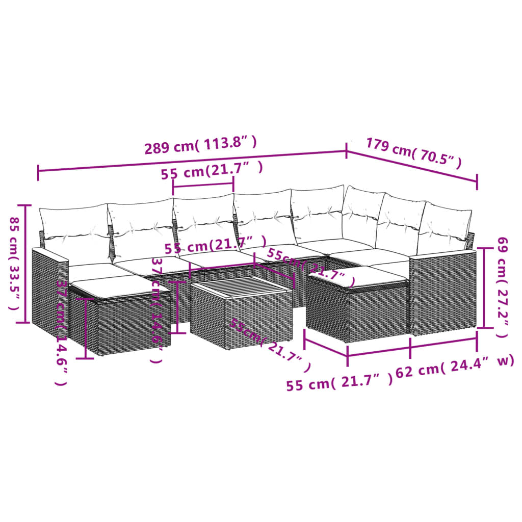 Set Divano da Giardino 10 pz con Cuscini Grigio in Polyrattancod mxl 112560