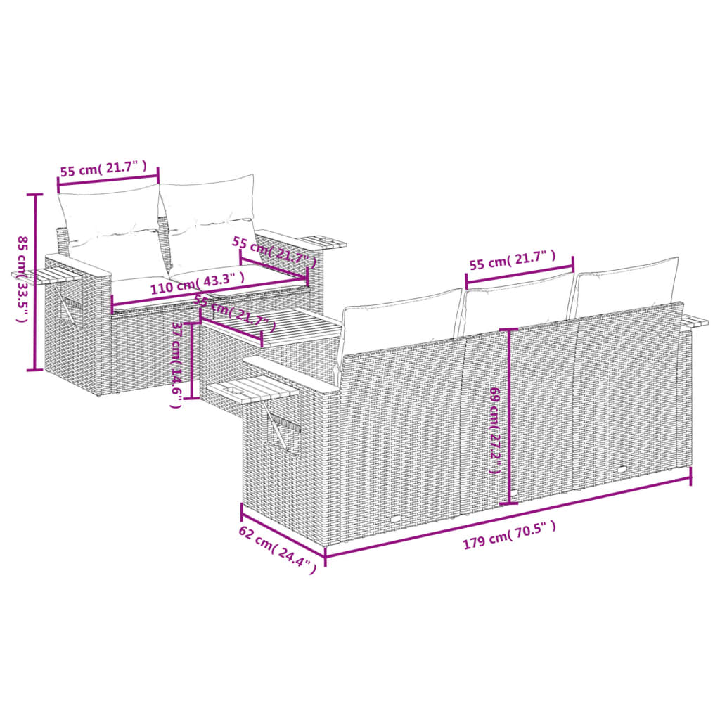 Set Divano da Giardino 6 pz con Cuscini Nero in Polyrattan 3259025