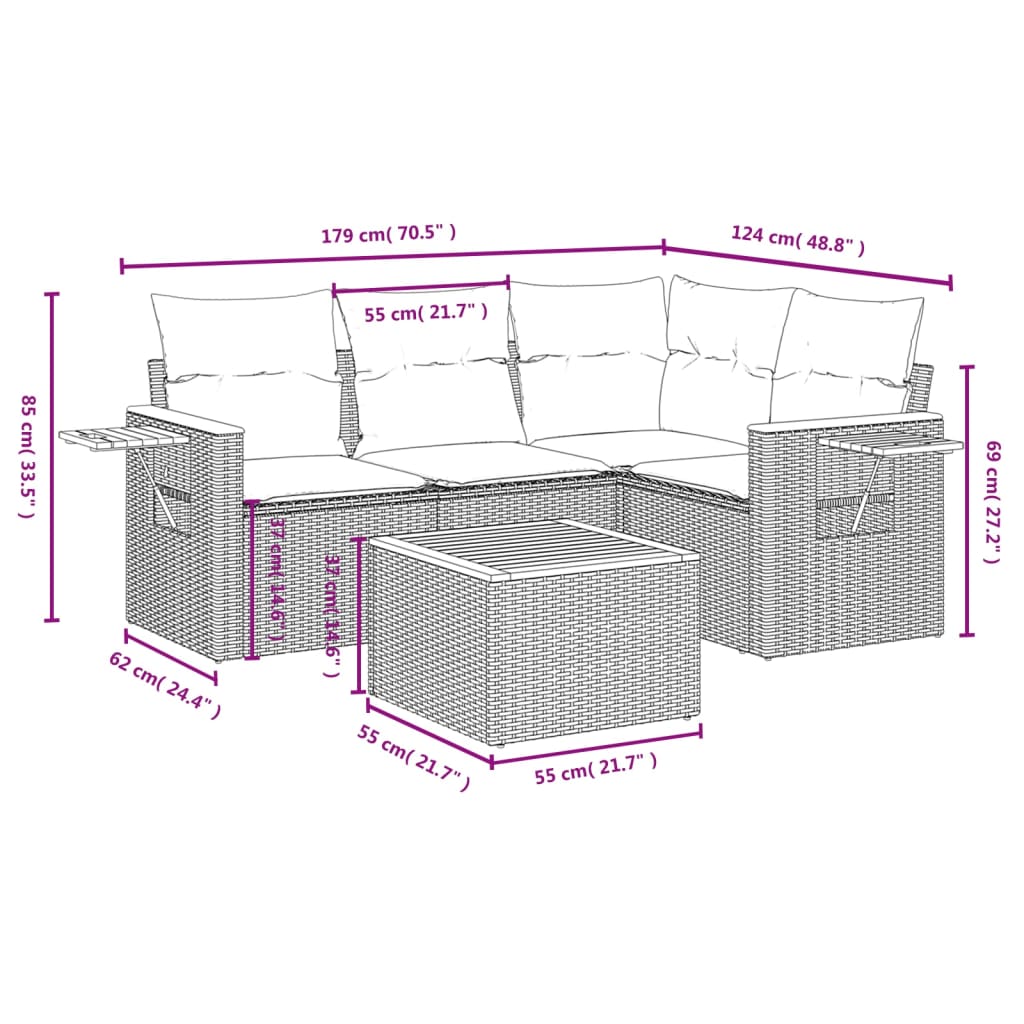 Set Divani da Giardino 5 pz con Cuscini in Polyrattan Nero 3259178