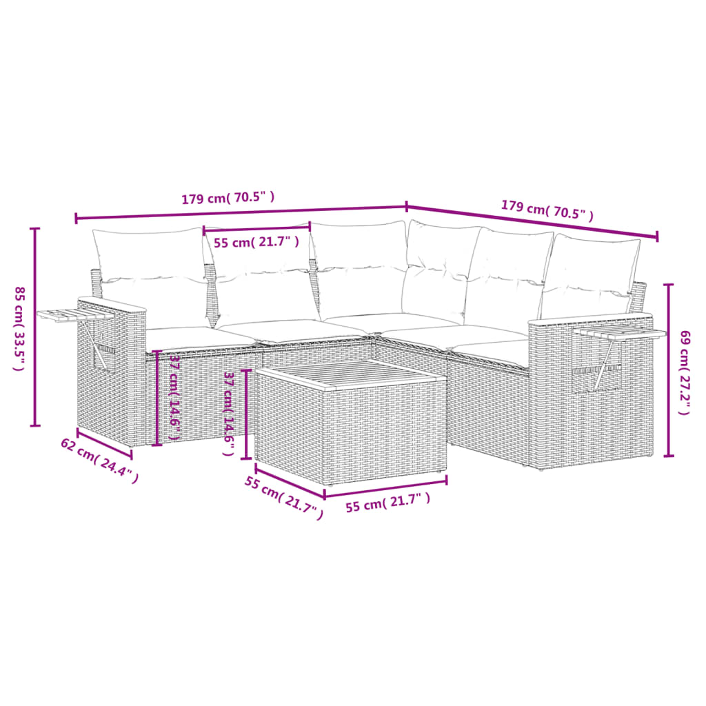 Set Divano da Giardino 6 pz con Cuscini Nero in Polyrattan 3259206