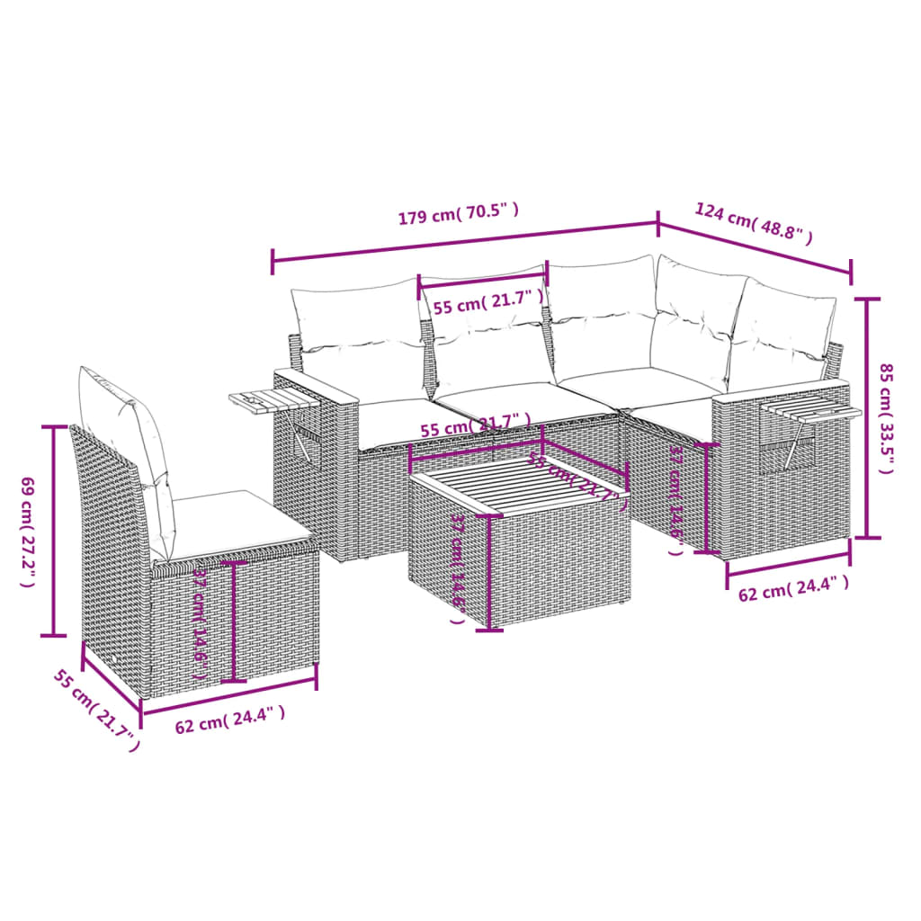 Set Divano da Giardino 6 pz con Cuscini Grigio in Polyrattancod mxl 112777