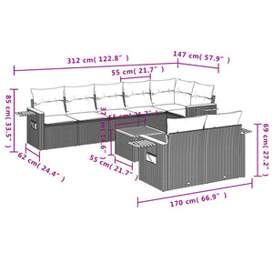 Set Divano da Giardino 9 pz con Cuscini Beige in Polyrattan 3259399