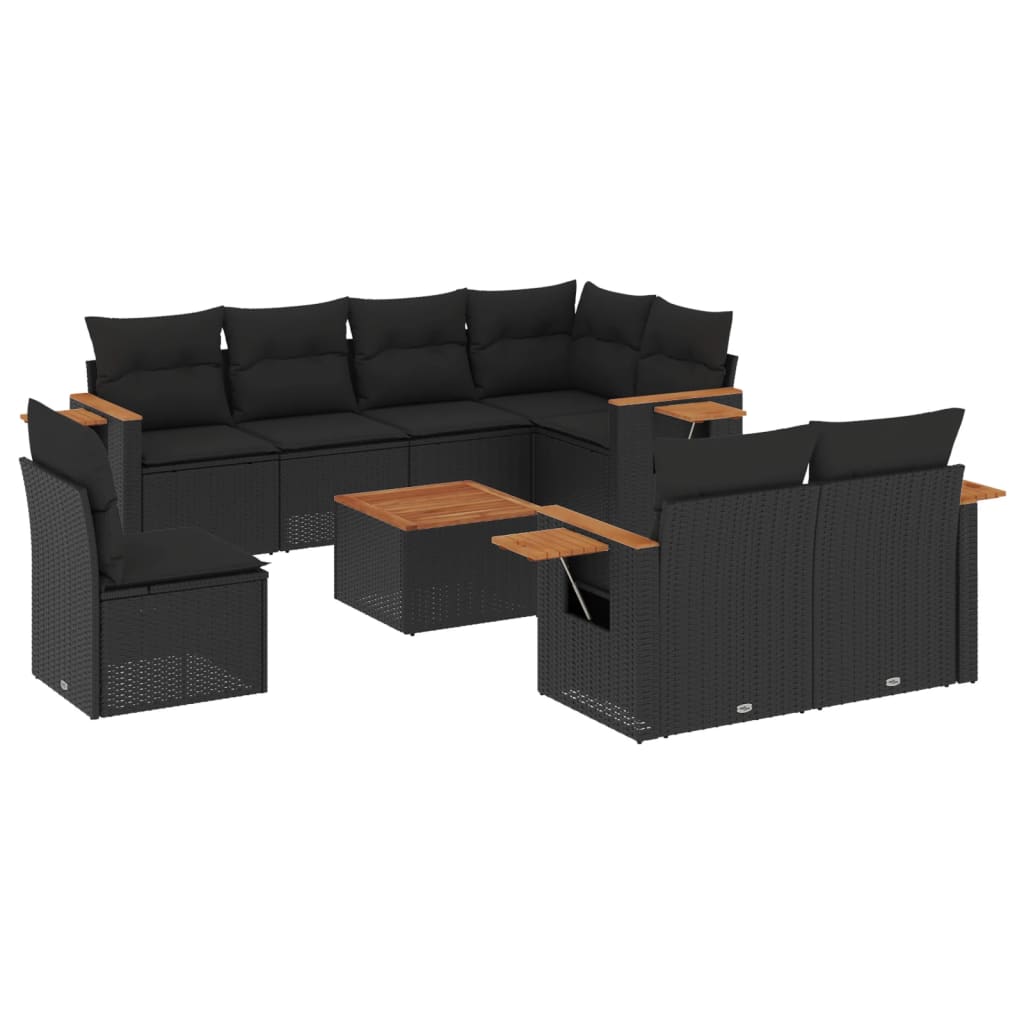 Set Divani da Giardino 9 pz con Cuscini Nero in Polyrattan 3259409