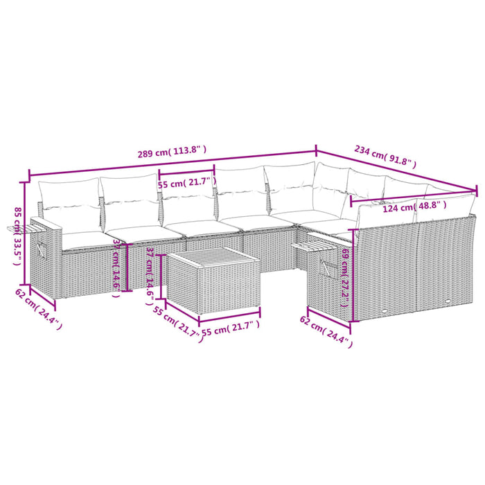 Set Divani da Giardino 10pz con Cuscini in Polyrattan Nero 3259550