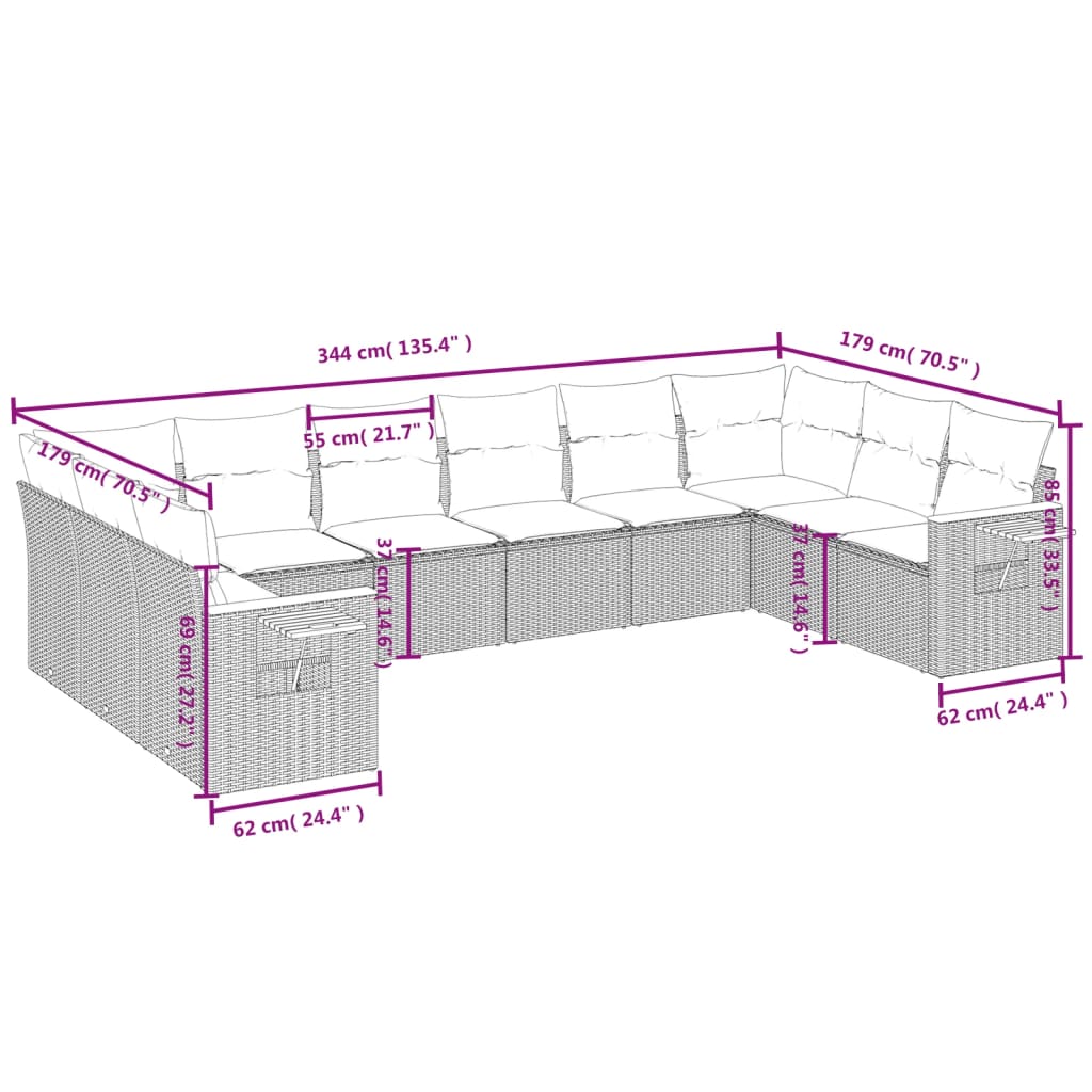 Set Divani da Giardino 10pz con Cuscini in Polyrattan Nero 3259564