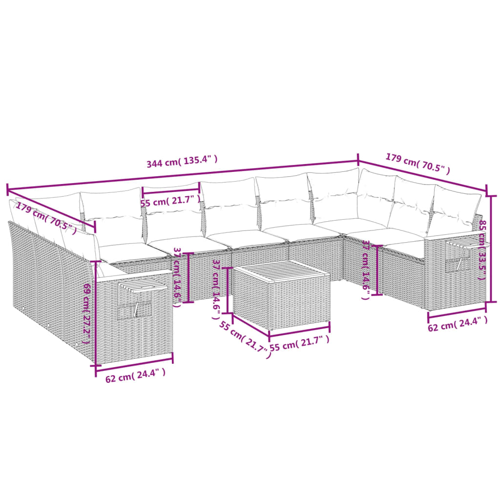 Set Divani da Giardino 11 pz con Cuscini in Polyrattan Grigio 3259575