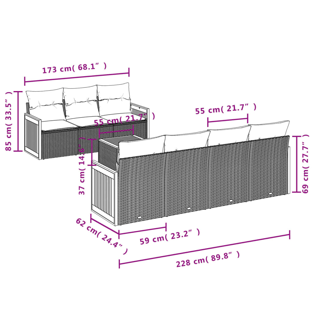 Set Divano da Giardino 8 pz con Cuscini Grigio in Polyrattan 3259890