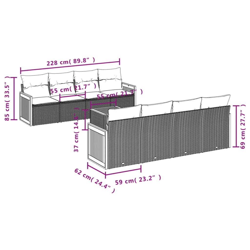 Set Divani da Giardino 9 pz con Cuscini Nero in Polyrattan 3259899